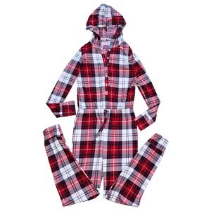 La Vie en Rose Pajama One Piece Plaid Hooded Christmas Loungewear XS
